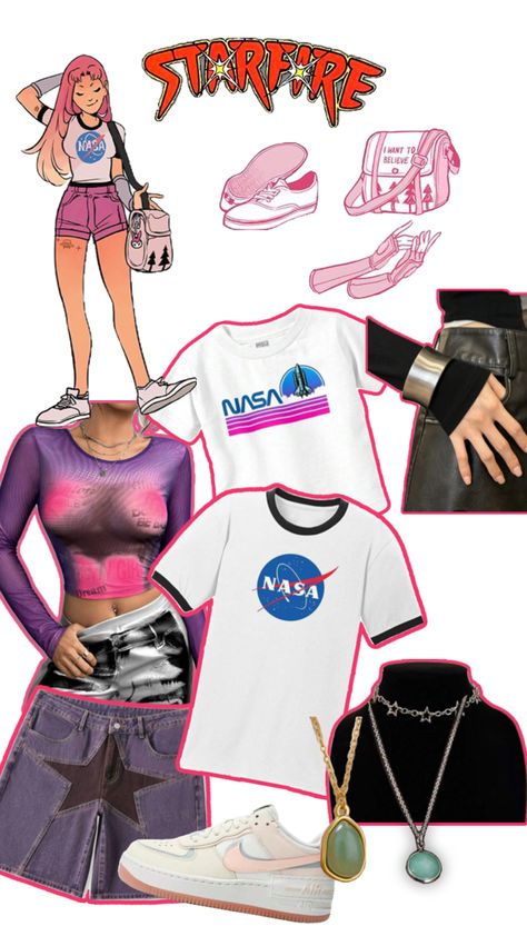 STARFIRE Young Justice, Inspired Outfits, Teen Titans, Baby Tee, Nasa, Mesh Top, Outfit Inspirations, Silver Necklace, Casual Outfits