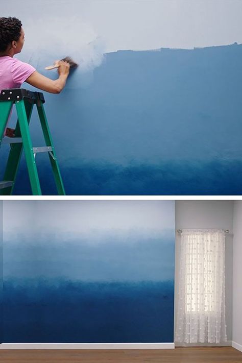 Ombre Bedroom, Ombre Painted Walls, Paint On The Wall, Wall Murals Painted Diy, Gradient Painting, Underwater Bedroom, Underwater Room, Ocean Mural, Nursery Wall Painting