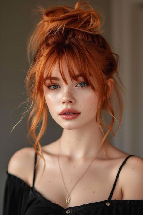 Bangs On Red Hair, Red Long Hair With Bangs, Ginger Hair Bangs, Makeup Ginger Hair, Ginger Hair With Bangs, Ginger Bangs, Redhead Bangs, Trendy Womens Haircuts, Ginger Person