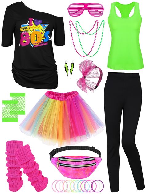 PRICES MAY VARY. 24-in-1 80s Costume Set: you will receive 1 I Love the 80s print off-the-shoulder T-shirt, 1 racerback top, 1 pair of black stretchy pants, 1 tutu skirt, 1 laser fanny bag, 1 lace headband bow, 1 pair of lightning neon earrings, 2 beaded necklaces, 1 pair of shutter shade glasses. 1 pair of fingerless short fishnet gloves, 1 pair of leg warmers and 12 silicone neon bracelets, 24 pieces in total, a rich and lovely set to complete your 80s costume look and make you the real hit in 80s Theme Party Outfits, Shade Glasses, Neon Earrings, 80s Print, I Love The 80s, Fishnet Gloves, Neon Bracelets, 80s Costume, Costume Set