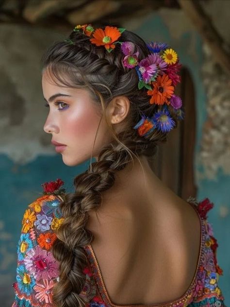 Frida Kahlo Inspired Hairstyles, Mexican Culture Hairstyles, Salvadorian Hairstyle, Mexican Hair, Fiesta Wedding Theme, Fairytale Food, Braid Styles For Girls, Mexican Models, Mexican Hairstyles