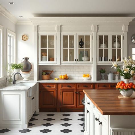 Design a stately Federal Greek Revival kitchen with columned glass-front cabinets and classical crown molding. #FederalGreekRevival #HistoricalElegance 🏛️ Queen Anne Kitchen, Greek Inspired Kitchen, Greek Revival Farmhouse Interior, Federation Kitchen, French Colonial Kitchen, Greek Revival Kitchen, Greek Revival Interiors, Colonial Revival Kitchen, Colonial Style Kitchen