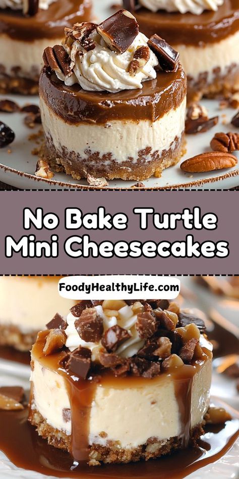 **Craving a Quick and Easy Dessert?**

Indulge in these decadent No-Bake Turtle Cheesecake Bites. Creamy cheesecake, gooey caramel, and rich chocolate – all in one bite-sized treat. Perfect for any occasion!

#TurtleCheesecakeBites #NoBakeDessert #Cheesecake #DessertRecipes Turtle Cake Recipe Easy, Chocolate Turtle Cheesecake Recipe, Turtle Dessert, Mini No Bake Cheesecake, Dinner Table Ideas, Turtle Cheesecake Recipes, New Years Food, No Bake Chocolate Cheesecake, Rich Cheesecake