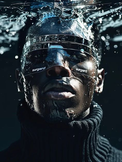 A close-up portrait of a man's face is partially submerged in water. He is wearing a black turtleneck sweater and has a pair of goggles on ->> more details in ai-img-gen.com Futuristic Fashion Male, Futuristic Glasses, Submerged In Water, Moody Portrait, Vans Aesthetic, Silver Mask, Futuristic Aesthetic, Black Turtleneck Sweater, Liquid Silver