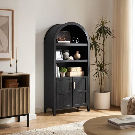 Mopio Lauren Arched Cabinet - Bed Bath & Beyond - 40156785 Kitchen Cabinet Layouts, Fern Cabinet, Cabinet Alternatives, Arched Bookshelf, Arched Bookcase, Arched Cabinet, Bookcase With Doors, Black Bookcase, Wooden Storage Cabinet