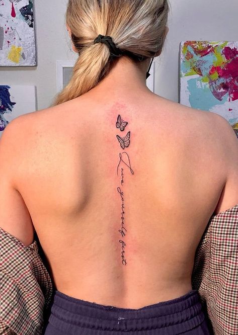 Spine Tattoo Quotes, Butterfly Neck Tattoo, Butterfly Tattoo Ideas, Flower Spine Tattoos, Spine Tattoo Ideas, Unique Butterfly Tattoos, Butterfly Back Tattoo, Unique Butterfly, Petite Tattoos