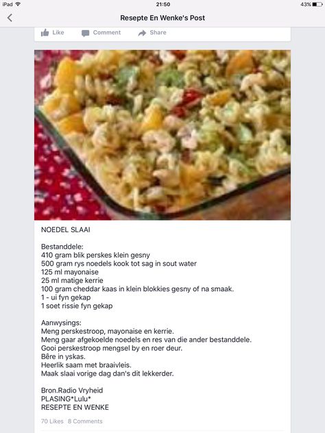 Noedelslaai Resep, Kerrie Noedelslaai Resep, Easy Pasta Salad Recipe, Cooking Measurements, Veg Dishes, Salad Dishes, Easy Pasta Salad, South African Recipes, Easy Casserole Recipes