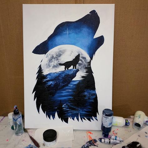 Wolf Painting Easy, Wolves Painting Acrylic, Wolf Canvas Art, Wolf Canvas, Wolf Painting, Easy Canvas Painting, Diy Canvas Art Painting, Silhouette Art, Wolf Art