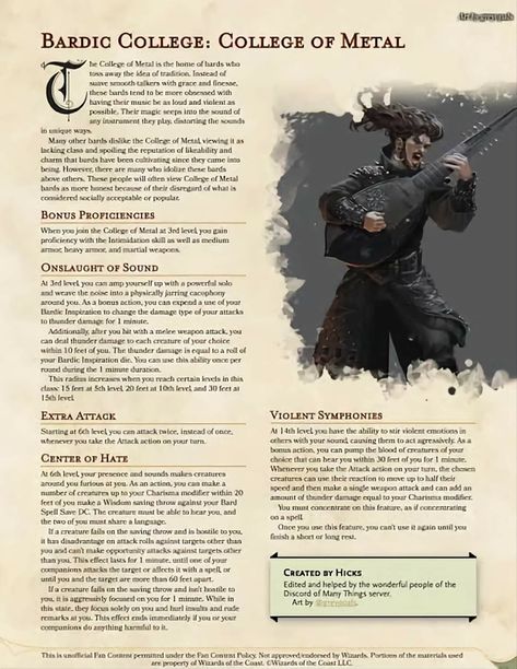 5e Bard Colleges, Dnd Bard Homebrew, Bard Subclass Homebrew, Metal Bard Dnd, Bard Colleges Homebrew, 5e Bard, 5e Races, Homebrew Classes, Dnd Bard