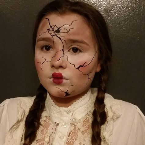 Kids Halloween  Cracked Porcelain Doll Cracked Doll Halloween Costume, Creepy Porcelain Doll Costume, Cracked Doll Costume, Porcelain Dolls Costume, Porcelain Doll Art, Cracked Doll Makeup Halloween, Porceline Doll Makeup, Porcelain Doll Halloween, Cracked Porcelain Doll Makeup