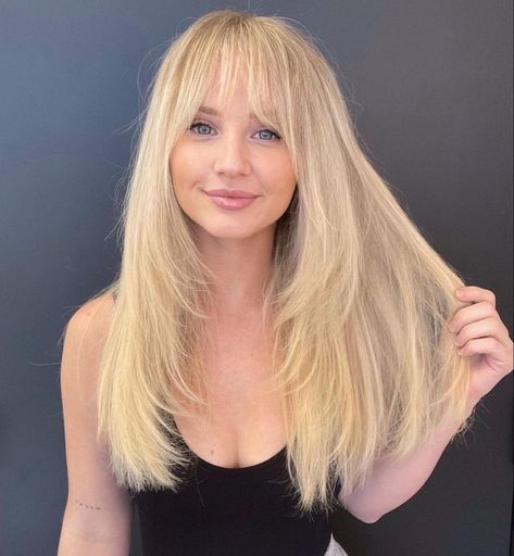 Long Layers With Bangs Straight, Bangs Long Straight Hair, Long Hair With Bangs And Layers, Long Blonde Hair Cuts, Feathered Bangs, Blonde Hair With Bangs, Blonde Haircuts, Straight Blonde Hair, Hairstyles For Layered Hair