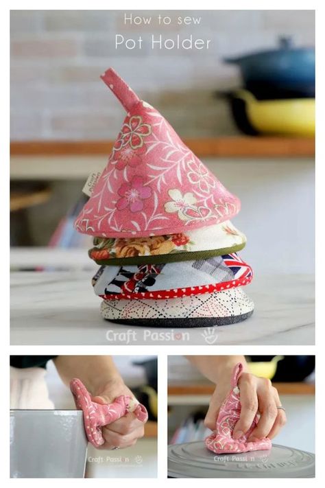 Cone Pot Holder Free Sewing Pattern Kitchen Decor Sewing Projects, Fabric Birds Diy, Kitchen Items To Sew, Vintage Pot Holders, Homemade Pot Holders Diy, Sewing Potholders Free Pattern, Sewing Hot Pads, Diy Pot Holders Sewing, Pot Holder Ideas