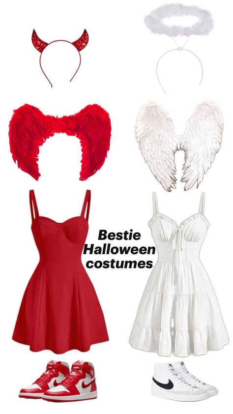 Halloween costumes for Besties Costumes For Besties, Halloween Costumes For Besties, Two Person Halloween Costumes, Angel And Devil Costume, Fun Halloween Outfits, Angel Halloween Costumes, Cute Group Halloween Costumes, Halloween Costumes For Teens Girls, Classy Halloween Costumes