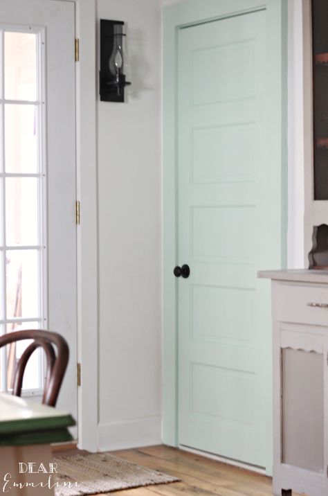 I think it’s about time to share our mint bathroom door! I’ve been holding off since our kitchen remodel still has a few projects left to complete and isn’t quite ready for a ful… Mint Door, Mint Green Bathrooms, Mint Green Bedroom, Mint Bathroom, Interior Door Colors, Tiffany Green, Inside Door, Light Mint Green, Bathroom Door