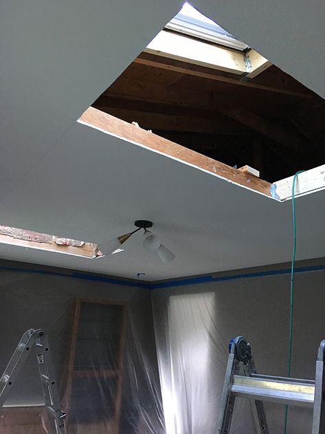 How Skylights Fill Dark Rooms With Light - Jumble & Flow Blog Skylight Above Stairs, Farmhouse Skylight, Skylight Before And After, Living Room With Skylights, Brighten Dark Living Room, Skylight In Hallway, Adding Skylights, Small Skylight, Adding Skylights Before And After