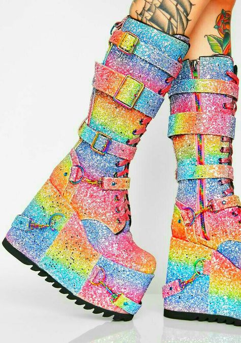 Rainbow Boots, Knee High Combat Boots, Sparkle Pony, Galaxy Converse, Galaxy Vans, Led Clothing, Converse Outfits, Boots Combat, Rainbow Shoes