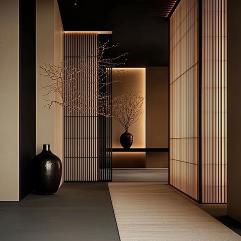 “Japandi style isn’t just seen, it’s felt; it promotes an interior calm as much as it does interior beauty.” A sophisticated blend of minimalism and modern Japandi style. The spaces utilise a muted palette dominated by black, beige, and wooden tones, creating a serene yet elegant atmosphere. The use of clean lines and uncluttered surfaces emphasise simplicity and refinement. Wood panels and black matte surfaces add texture and depth to the rooms, while the strategic lighting highlights the s... Modern Luxury Japanese Interior, Japanese Modernism Interior, Rustic Japanese Interior, Japandi Interiors Black, Japandi Office Interior Design, Japanese Wood Interior, Japandi Interiors Dark, Japanese Appartement, Dark Japandi Interiors