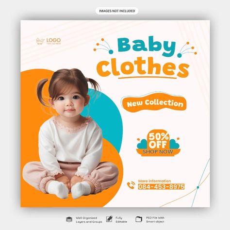 PSD baby shop social media banner post t... | Premium Psd #Freepik #psd #promotion #banner #discount #fashion-template Baby Poster Ideas, Discount Social Media Design, Baby Social Media Design, Kids Poster Design, Fashion Social Media Post, Poster Design Kids, Free Baby Clothes, Shop Banner Design, Baby Hijab