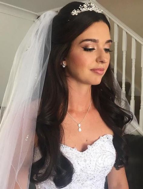 Bridal Hair For Veil And Tiara.#fashion #style #outfits #womensfashion  #luxurystyle #modernfashion #hairstyle Bride Hair With Crown And Veil, Bridal Hair With Veil And Headpiece, Head Pieces Wedding, Bridal Hair Half Up, Half Up Wedding, Wedding Tiara Hairstyles, Long Veil Wedding, Wedding Hair Half, Makeup Pengantin