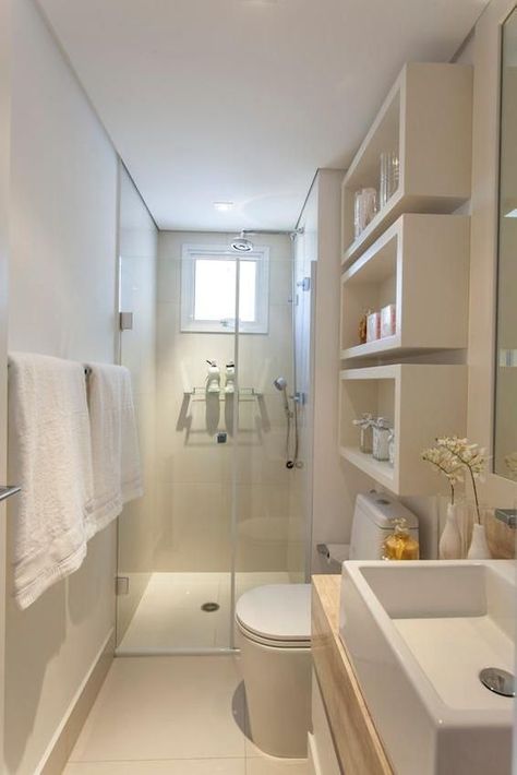 3 Musts And 27 Ideas To Get A Practical Bathroom - DigsDigs Small Narrow Bathroom, Long Narrow Bathroom, Narrow Bathroom Designs, Design Interior Baie, Narrow Bathroom, Decor Baie, Small Remodel, Bathroom Remodel Designs, Apartment Bathroom