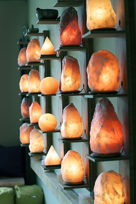 Salt lamp - wall mounts Deco Spa, Massage Room Decor, Reiki Room, Salt Cave, Salt Rock Lamp, Salt Room, Yoga Studio Design, Healing Room, Meditation Rooms