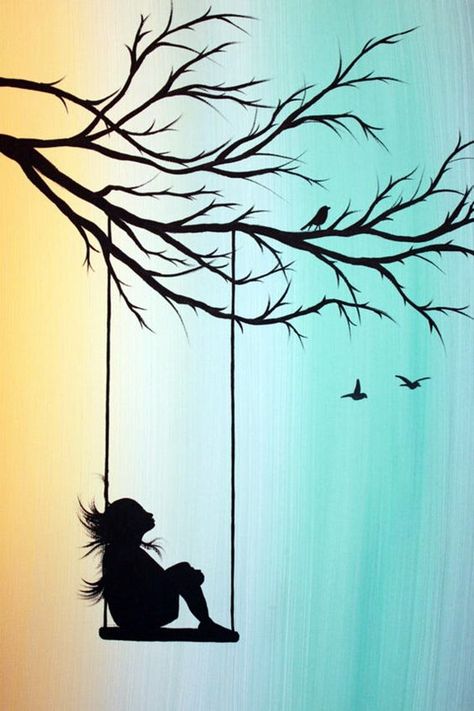 Amazing Silhouettes Art For Inspiration (31) Painting Beginners, Easy Landscape Paintings, Nature Art Drawings, Art Painting Tools, Siluete Umane, Silhouette Painting, Seni Cat Air, Canvas Painting Diy, Simple Acrylic Paintings