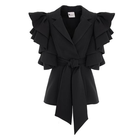 A spectacular reinterpretation of the blazer that combines the volume of ruffles found on the sleeves with waist cinching. The ruffled sleeve blazer can easily be the centerpiece of your outfit! Say goodbye to the classic suit in your wardrobe and discover the blazer with ruffles on the shoulders for an enviable look. This model features a wrap-style 'V' neckline with a wide waist belt and was created especially for the most impressive appearances. Dry clean Blazer With Ruffles, Wide Waist Belt, Drape Jacket, Ruffle Jacket, Dramatic Style, Model Features, Fall Inspo, Classic Suit, Design Clothes