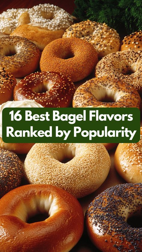 A variety of popular bagel flavors arranged on a table, featuring plain, sesame, and everything bagels with different spreads and toppings. Bagels For Dinner, Different Bagel Flavors, Homemade Bagel Flavors, Best Bagel Toppings, Bagels Flavors, Toppings For Bagels, Sourdough Bagel Flavors, Flavored Bagel Recipe, Unique Bagel Flavors