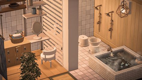 Animal Crossing Washroom, Acnh Washroom Ideas, Acne House Ideas, Acnh Top Floor Ideas, Acnh Bathroom Ideas White, Japanese Bathroom Acnh, Anch Room Designs, Acnh Room Design Basement, Animal Crossing Front Room Ideas