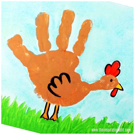 Handprint Chicken Art Project · The Inspiration Edit Handprint Painting, Farm Animal Painting, Hand Printed Wallpaper, Baby Art Projects, Chicken Crafts, Chicken Painting, Handprint Crafts, Chicken Art, Handprint Art