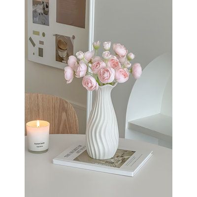 Introducing our exquisite Artificial Peony Flowers, crafted with a new innovative technique to replicate the beauty of real peonies. With no unpleasant odors, these flowers will enhance your living space with a touch of elegance and sophistication, adding a sense of ceremony to your home. Easy to maintain and resistant to fading, these lifelike peonies are the perfect choice for a long-lasting and vibrant floral display. Primrue Flower Color: Pink | Primrue Peony Arrangement in Vase 10.24 H x 2. White Vase Pink Flowers, Fake Pink Flowers Decor, Pink Flowers Vase, Pink Peonies In Vase, Pink And White Apartment, Peony Arrangement Vase, Light Pink Decorations, Flower Vase On Table, Pink And White Bedroom Decor