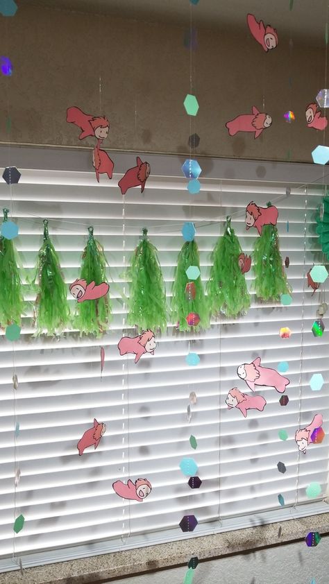 Ponyo Theme Party, Studio Ghibli Themed Birthday Party, Studio Ghibli Birthday Theme, Ghibli Birthday Party Ideas, Studio Ghibli Gender Reveal, Studio Ghibli Classroom Theme, Ponyo Studio Ghibli Birthday Party, Studio Ghibli Bulletin Board, Studio Ghibli Themed Bedroom