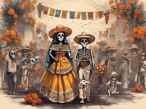 Day Of The Dead Painting, Mexican Couple, Mexican Folk Art Painting, Mexico Day Of The Dead, Mexican Paintings, Day Of The Dead Party, Mexican Culture Art, Day Of Dead, Day Of The Dead Art