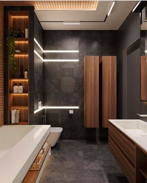 ♂ Contemporary bathroom with dark brown wood with black wall #interior #bathroom #design #contemporaryhome #bathroomideas #blackinterior Bathroom Modern Luxury, Drømme Bad, Design Interior Baie, Luxury Toilet, Decor Baie, Toilet Design, Unique Bathroom, Trendy Bathroom, Bathroom Design Luxury