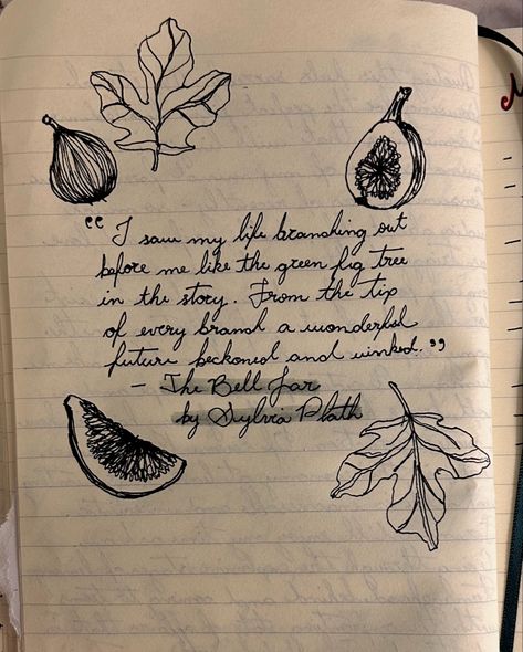 Sylvia Plath Fig Tree, Fig Tree Analogy, Commonplace Book, Art Journal Therapy, Sylvia Plath, Journal Aesthetic, Sketchbook Journaling, Fig Tree, Art Journal Inspiration