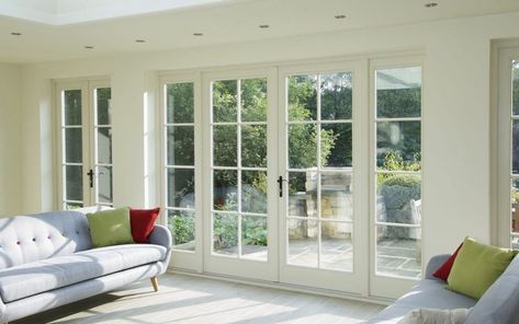 Should I choose French, Bi-fold or Sliding patio doors for my home? | Timber Windows North White French Doors Patio Exterior, Doors To Deck From Living Room, White Exterior French Doors, French Doors To Screened Porch, Family Room French Doors, Modern French Doors Patio, Glass Door To Garden, French Doors Patio Farmhouse, Bay Window Doors