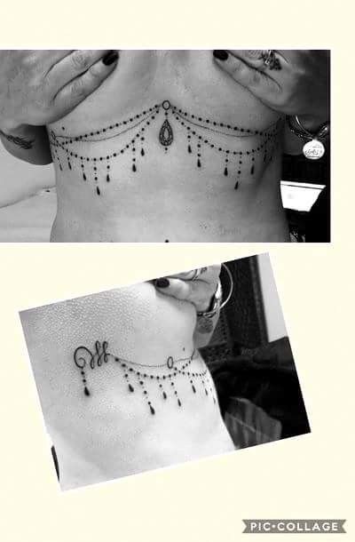 Lace Sternum Tattoo, Ornamental Underboob Tattoo, Chandelier Sternum Tattoo, Women Sternum Tattoo, Jewlery Tattoo, Chandelier Tattoo, Underboob Tattoos, Breast Jewelry, Tattoo Writing