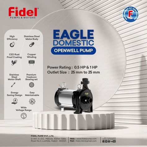 EAGLE DOMESTIC OPENWELL PUMP. Power Rating : 0.5 HP & 1 HP Outlet Size : 25 mm to 25 mm 1) High Efficiency 2) Stainless Steel Motor… | Instagram Product Poster Design Marketing, Hair Oil Advertisement, Oil Advertisement, Post Reference, Water Pump Motor, Product Post, Real Estate Marketing Design, Flame Tattoos, Solar Cells