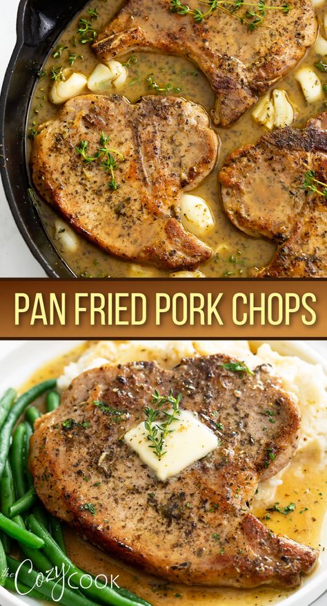 Pan fried pork chops in a skillet with mashed potatoes and string beans Pork Chop With Pan Sauce, Bone In Pan Fried Pork Chops, Easy Skillet Pork Chops Boneless, Pan Sauce For Pork Chops, Stove Top Boneless Pork Chops, Pan Pork Chops Bone In, Porkchops Dinner Ideas Bone In, Pork Chops Stove Top Easy, Cooking Pork Chops On Stove