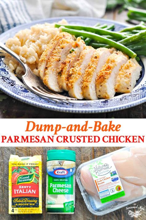 This dump-and-bake Parmesan Crusted Chicken requires just 3 simple ingredients and 5 minutes of prep! It's a perfect family-friendly, easy dinner recipe for your busy weeknights. Chicken Breast Recipes | Baked Chicken Breast Recipes | Baked Chicken Breasts | Low Carb | Keto Dinner | Keto Friendly Chicken 3 Ingredients, Easy Parmesan Crusted Chicken, Baked Parmesan Crusted Chicken, 3 Ingredient Dinners, Dump And Bake, Three Ingredient Recipes, Chicken Breast Recipes Baked, Dinner For One, Diner Recept