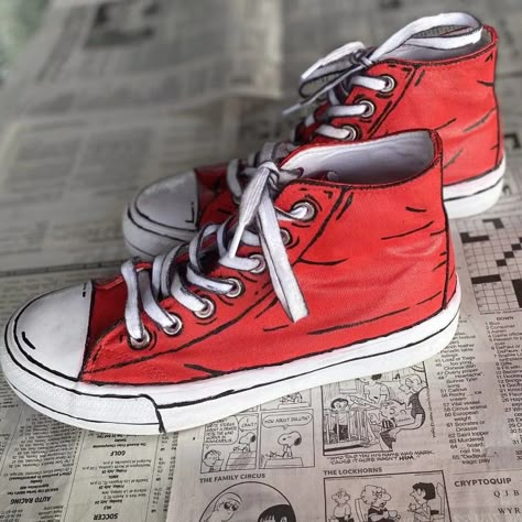 Red Converse Painting Ideas, Cartoon Shoes Diy, Spider Man Converse Diy, Painting Ideas On Converse, Cel Shaded Shoes, Custom Spiderman Shoes, Diy Painted Converse, Painting Converse Ideas, Diy Converse Shoes Paint