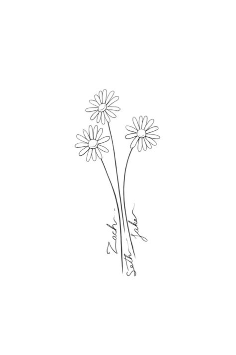 3 Flower Tattoo Simple, Three Flowers Tattoo Simple, Fine Line Daisy Tattoo Ideas, Simple Tattoos For Family, Tiny Flower Tattoo Simple No Stem, Three Small Flowers Tattoo, Three Names Tattoo, Daisy Tattoo One Line, 3 Small Flowers Tattoo