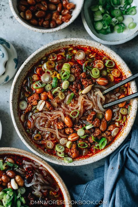 Sharing a signature Sichuan dish Suan La Fen - a bowl of tender springy potato noodles smothered in a rich savory hot and sour soup topped with crispy pork and peanuts. It’s quite easy to put together and addictive to eat! {Vegetarian / Vegan Adaptable, Gluten-Free Adaptable} Asian Soup Noodle, Potato Noodles, Oxtail Recipes, Asian Pork, Best Chinese Food, Hot And Sour Soup, Sweet Potato Noodles, Sour Soup, Easy Chinese Recipes