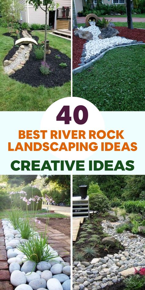 Enhance the beauty of your outdoor space with these top river rock landscaping concepts. Infuse natural elements into your landscape by incorporating river rocks to create charming borders around garden beds. Construct a captivating rock garden by blending varied sizes and hues of river rocks with resilient succulents and ornamental grasses for a water-efficient and easy-to-maintain setup. For a fluid connection between water features and land, consider lining the edges with river rocks. Landscaping Mounds And Berms, Rock Stream Landscaping, Landscape Ideas For New Construction, River Rock Dry Creek Bed, Rock Outdoor Area, Large River Rock Landscaping Edging, Small Rock Landscaping Ideas, Plants For River Rock Bed, Gravel Rock Landscaping