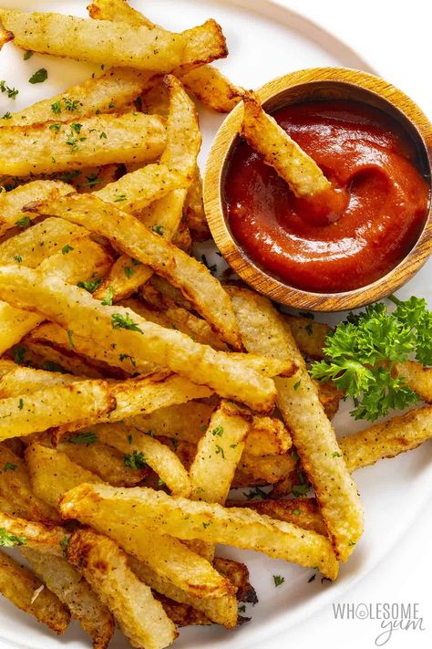 Jicama Fries In The Air Fryer (Crispy & Low Carb!) | Wholesome Yum Fries In The Air Fryer, Jicama Recipe, Jicama Fries, Low Carb Potatoes, Craving Carbs, Low Carb Chili, Wholesome Yum, High Carb Foods, Low Carb Zucchini