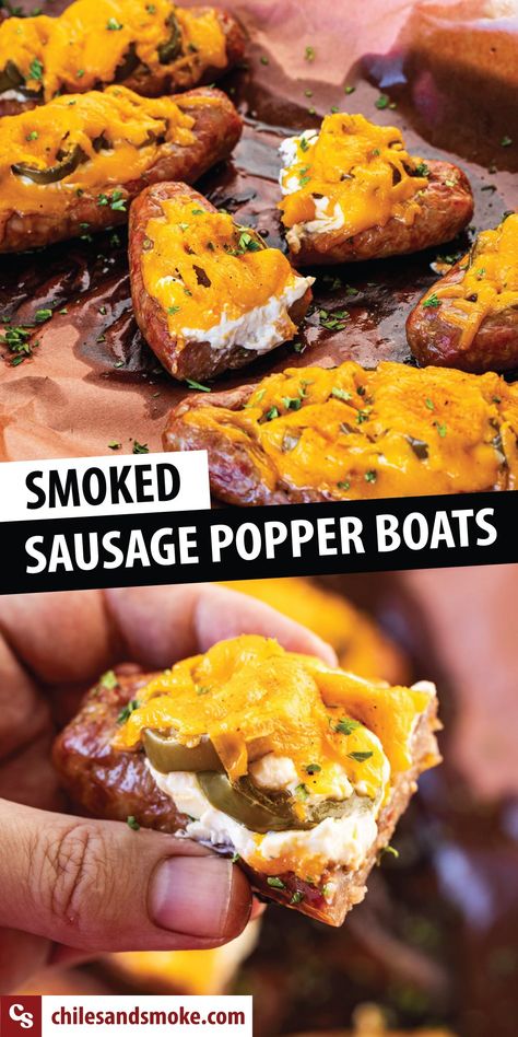 Essen, Halloween Savory Snacks For Party, Smoked Stuffed Brats, Recipes Using Pickled Jalapenos, Smoker Breakfast Recipes, Smoker Snacks, Smoked Appetizers For Party, Sausage Boats, Bbq On The Grill