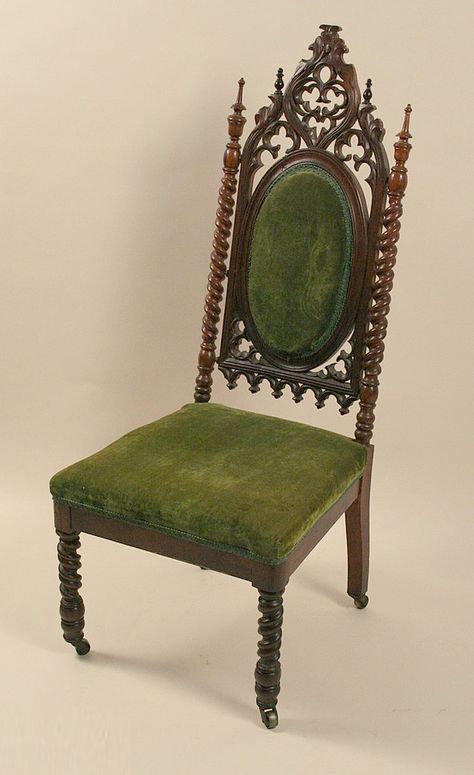 Gothic Revival side chair with decorative gothic-arch pierced back made some time after 1840 In the Missouri History Museum - Examples of Medieval Influence on Furniture Design – myDesign42 History Furniture Design, Gothic Architecture Furniture, Neo Gothic Furniture, Gothic Dining Chairs, Victorian Gothic Furniture, Medieval Decor Interior Design, Neo Gothic Interior Design, Medieval Interior Design, Medieval Chair