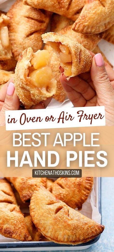 Learn how to make the best apple hand pies with homemade apple pie filling made from scratch. The mini pies are easily made in the oven or in air fryer with homemade pie crust and makes a great Thanksgiving dessert for a crowd or for fall. Get the easy apple hand pie recipe at kitchenathoskins.com. Homemade Apple Pie Crust Recipe, Homemade Hand Apple Pies, Apple Hand Pie Filling, Apple Pie Small Pies, Flaky Hand Pie Dough Recipe, Pie, How To Make Apple Pies To Freeze, Baked Hand Apple Pies, Apple Pie Recipe Mini Desserts