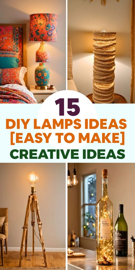 Illuminate your living space in a unique and personalized way with these clever DIY lamp projects. Repurpose old wine bottles or mason jars to create distinct pendant lights by adding a light socket and suspending them from the ceiling. Customize them with paint or twine for extra charm. For a rustic touch, fashion a table lamp using a wooden log as the base, attaching a lamp kit and shade for an exclusive look. Diy Bedside Lamp, Floor Lamp Makeover, Homemade Lamps, Diy Buffet, Wooden Lamp Base, Diy Table Lamp, Diy Lamps, Old Wine Bottles, Lamps Ideas