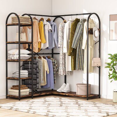 17 Stories L Shape Corner Garment Rack With Storage Shelves And Hanging Rods | Wayfair Corner Closet Organizer, Standing Closet, Rolling Clothes Rack, Corner Closet, Closet Rack, Metal Clothes Rack, Open Wardrobe, Open Closet, Clothes Hanging